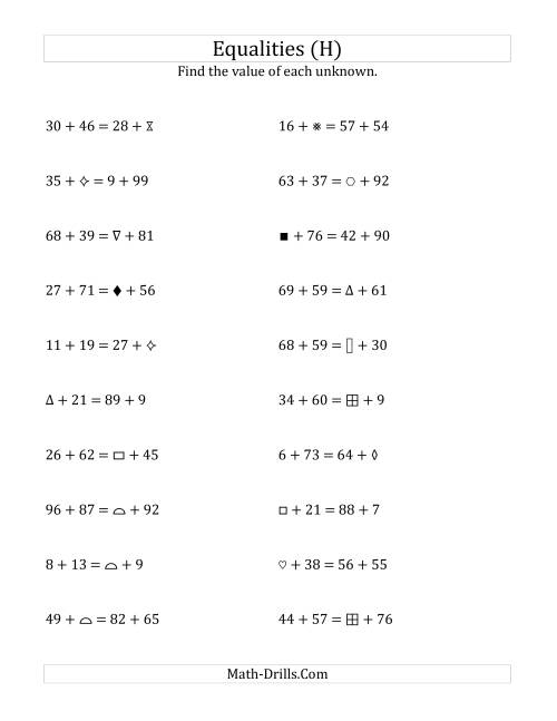 The Solving for Unknowns in Equalities with Addition (1 to 99) (H) Math Worksheet