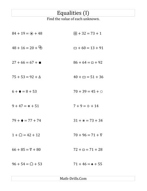 The Solving for Unknowns in Equalities with Addition (1 to 99) (I) Math Worksheet