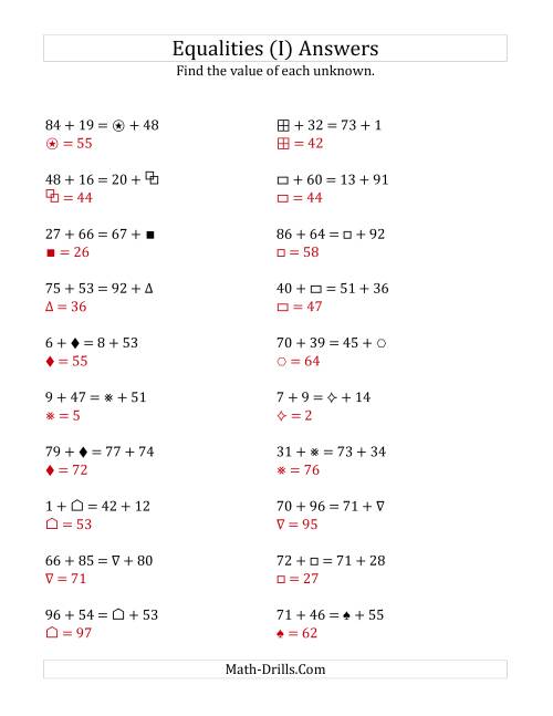 The Solving for Unknowns in Equalities with Addition (1 to 99) (I) Math Worksheet Page 2