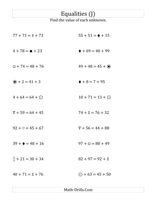 The Solving for Unknowns in Equalities with Addition (1 to 99) (J) Math Worksheet