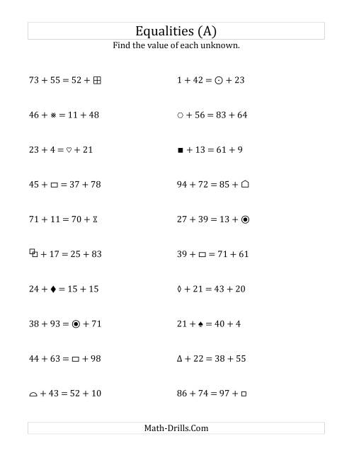 The Solving for Unknowns in Equalities with Addition (1 to 99) (All) Math Worksheet