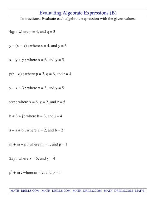 Evaluating Algebraic Expressions (B)