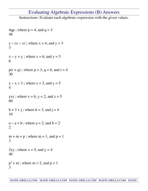 Evaluating Algebraic Expressions Worksheet