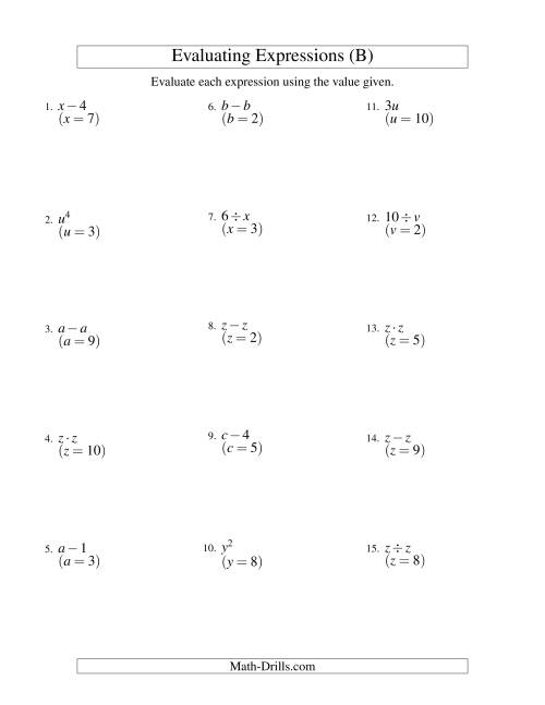 The Evaluating One-Step Algebraic Expressions with One Variable (B) Math Worksheet