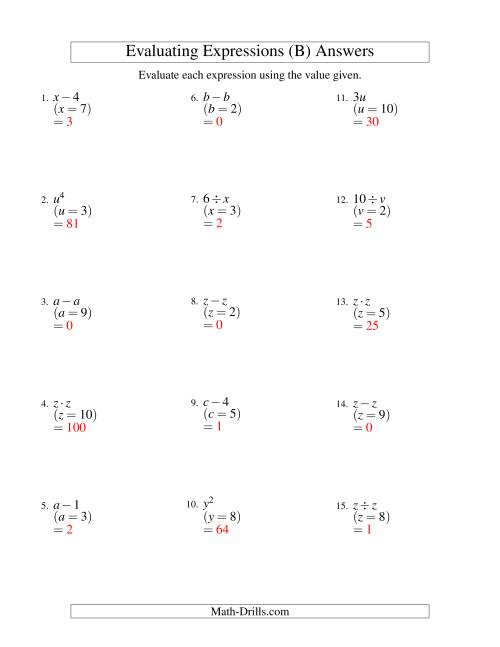 The Evaluating One-Step Algebraic Expressions with One Variable (B) Math Worksheet Page 2