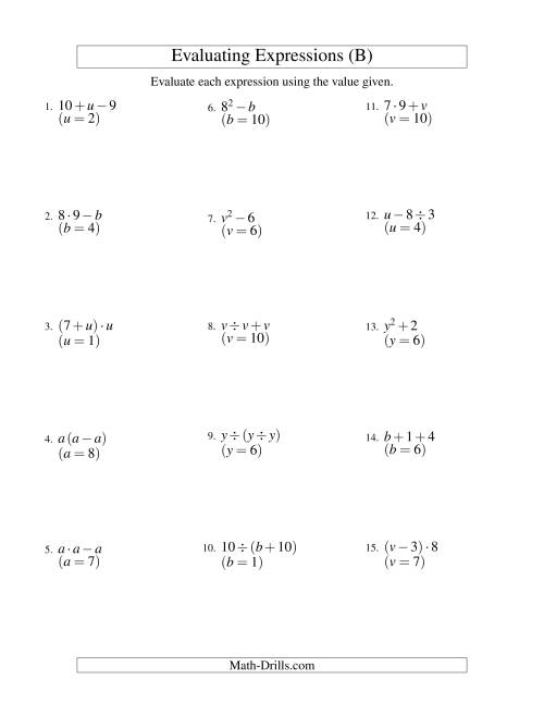 The Evaluating Two-Step Algebraic Expressions with One Variable (B) Math Worksheet