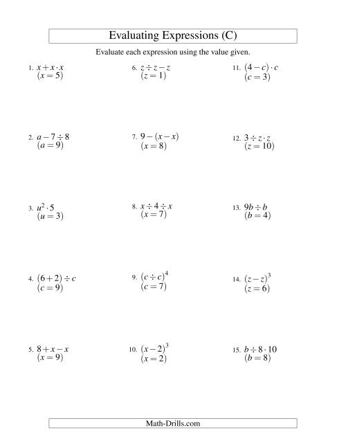 The Evaluating Two-Step Algebraic Expressions with One Variable (C) Math Worksheet