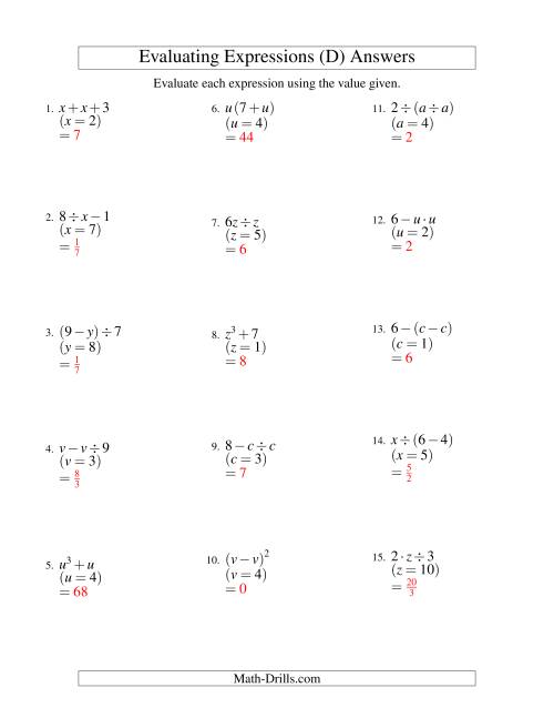 The Evaluating Two-Step Algebraic Expressions with One Variable (D) Math Worksheet Page 2