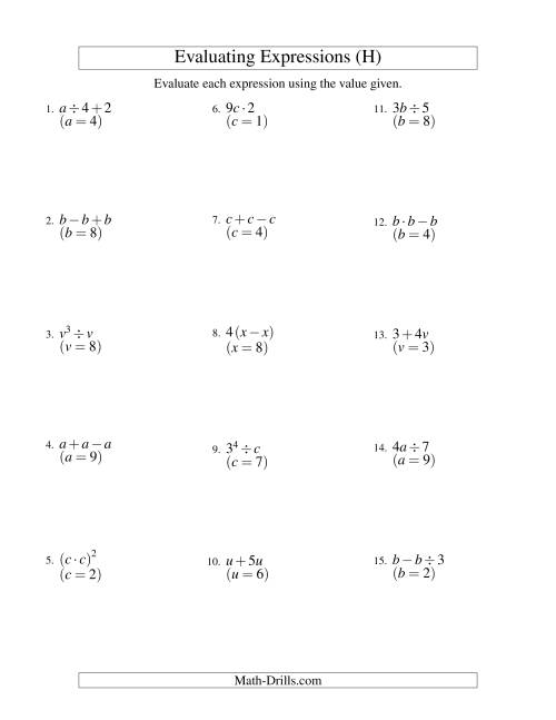 The Evaluating Two-Step Algebraic Expressions with One Variable (H) Math Worksheet
