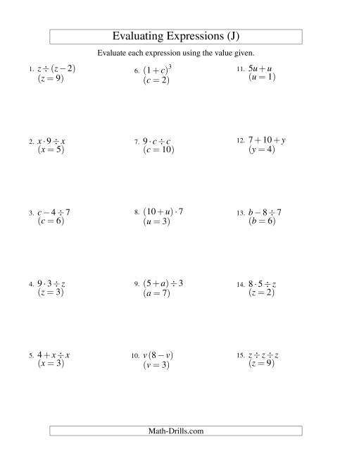 The Evaluating Two-Step Algebraic Expressions with One Variable (J) Math Worksheet
