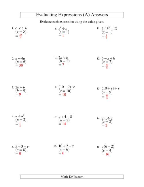 The Evaluating Two-Step Algebraic Expressions with One Variable (All) Math Worksheet Page 2