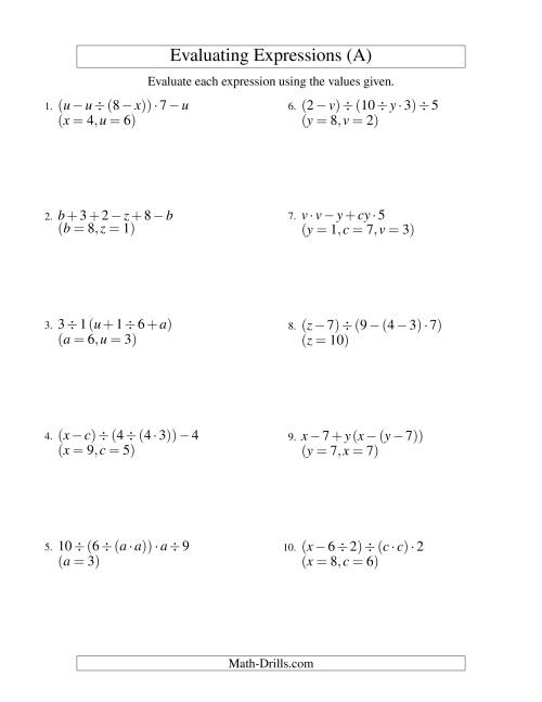The Evaluating Five-Step Algebraic Expressions with Three Variables (All) Math Worksheet