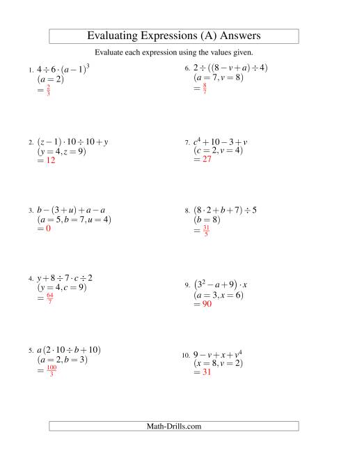 Evaluating Expressions Worksheet Math Drills