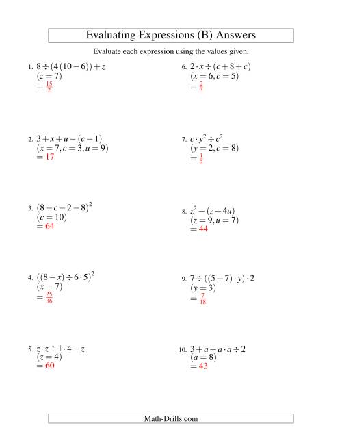 Evaluating Four-Step Algebraic Expressions with Three Variables (B)