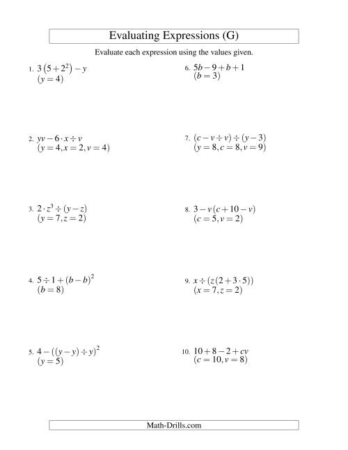 Evaluating Four-Step Algebraic Expressions with Three Variables (G)