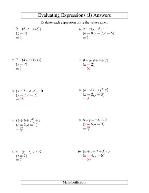 Evaluating Four-Step Algebraic Expressions with Three Variables (J)