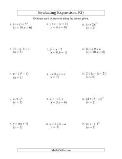 Evaluating Three-Step Algebraic Expressions with Two Variables (G ...