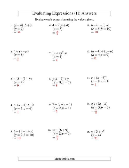 Evaluating Algebraic Expressions Worksheet Pdf