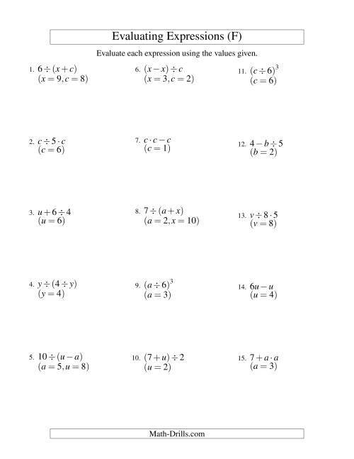 The Evaluating Two-Step Algebraic Expressions with Two Variables (F) Math Worksheet