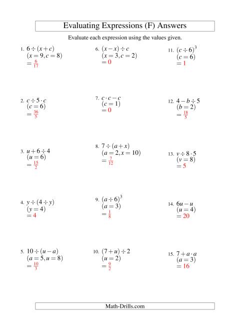 The Evaluating Two-Step Algebraic Expressions with Two Variables (F) Math Worksheet Page 2