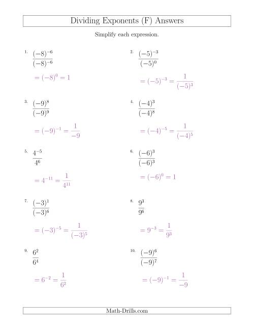 The Dividing Exponents With a Larger or Equal Exponent in the Divisor (With Negatives) (F) Math Worksheet Page 2
