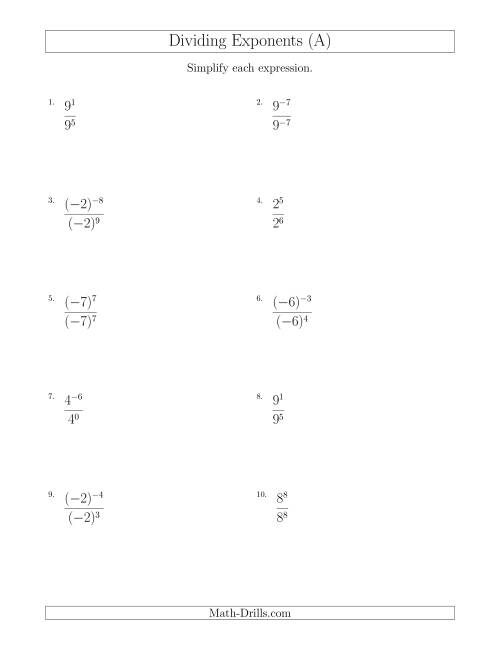 The Dividing Exponents With a Larger or Equal Exponent in the Divisor (With Negatives) (All) Math Worksheet