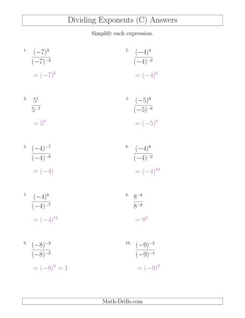 The Dividing Exponents With a Larger or Equal Exponent in the Dividend (With Negatives) (C) Math Worksheet Page 2