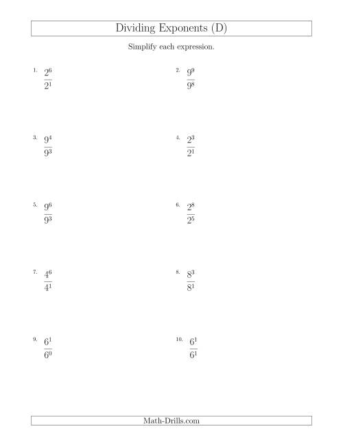 The Dividing Exponents With a Larger or Equal Exponent in the Dividend (All Positive) (D) Math Worksheet