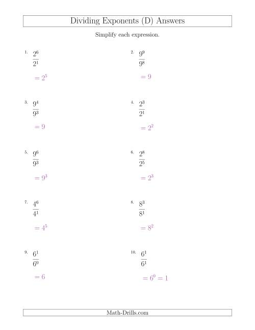 The Dividing Exponents With a Larger or Equal Exponent in the Dividend (All Positive) (D) Math Worksheet Page 2