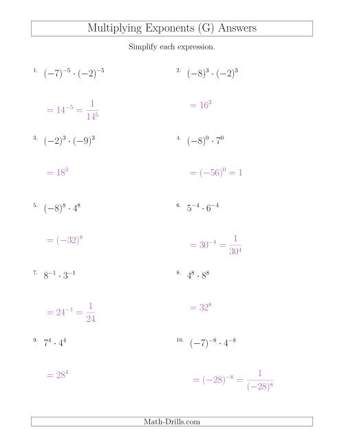 The Multiplying Exponents With Different Bases and the Same Exponent (With Negatives) (G) Math Worksheet Page 2