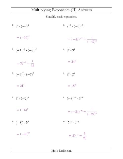 The Multiplying Exponents With Different Bases and the Same Exponent (With Negatives) (H) Math Worksheet Page 2
