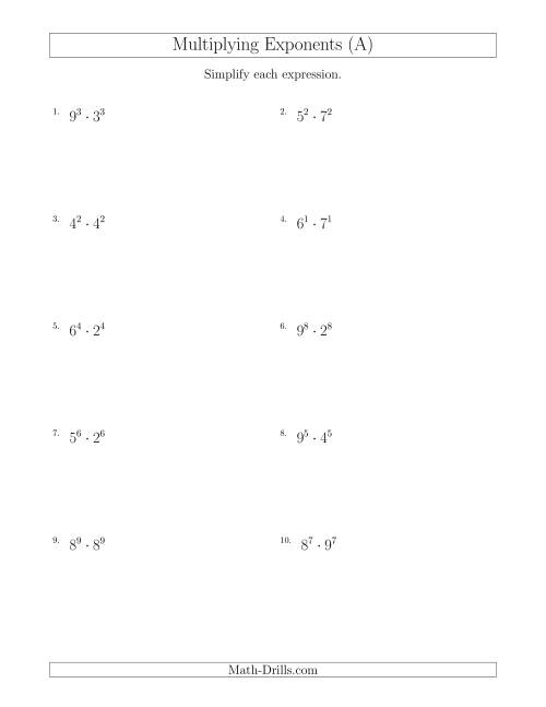 Multiplying Numbers With Exponents Worksheet