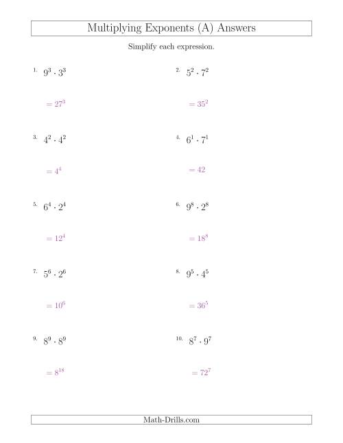 Multiplying Exponents With Different Bases And The Same Exponent (All Positive) (A)
