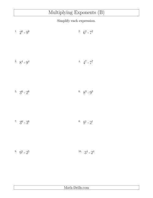 The Multiplying Exponents With Different Bases and the Same Exponent (All Positive) (B) Math Worksheet