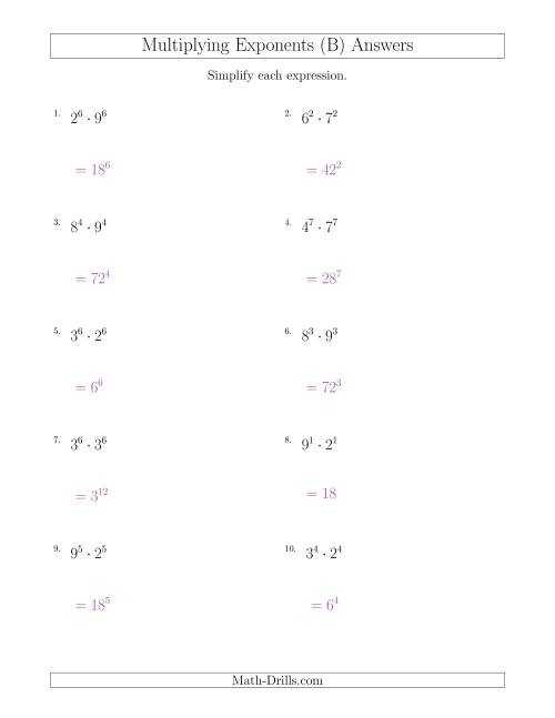 The Multiplying Exponents With Different Bases and the Same Exponent (All Positive) (B) Math Worksheet Page 2