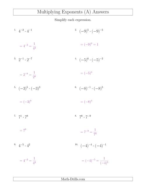 Multiplying Negative Numbers With Exponents Worksheet
