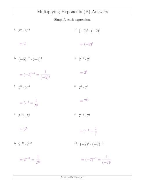 Multiplying Exponents (With Negatives) (B)