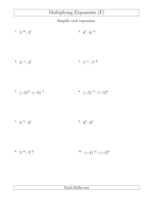 The Multiplying Exponents (With Negatives) (F) Math Worksheet