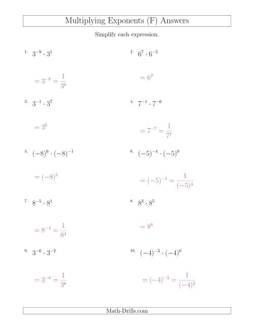 The Multiplying Exponents (With Negatives) (F) Math Worksheet Page 2