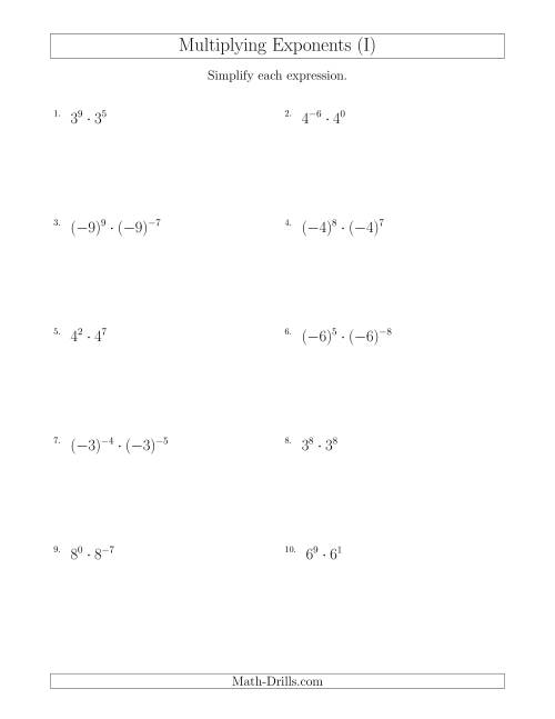 The Multiplying Exponents (With Negatives) (I) Math Worksheet