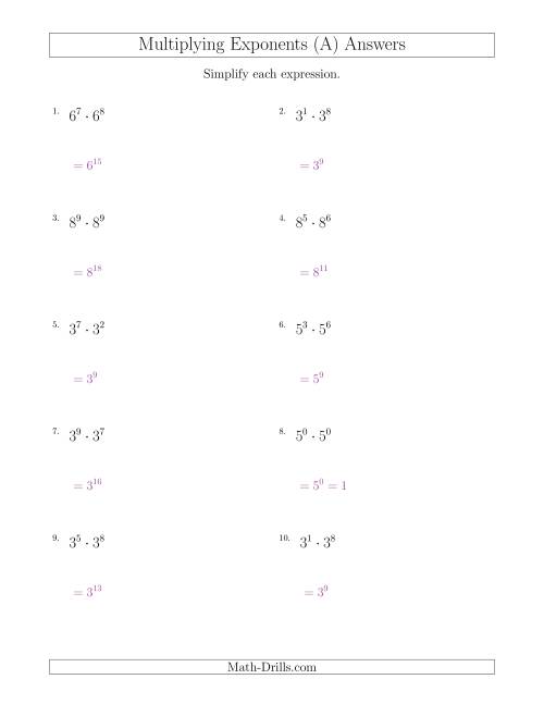 Multiplying Exponents (All Positive) (A)