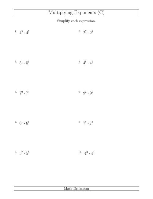 The Multiplying Exponents (All Positive) (C) Math Worksheet