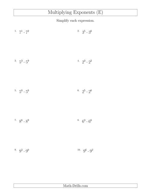 The Multiplying Exponents (All Positive) (E) Math Worksheet