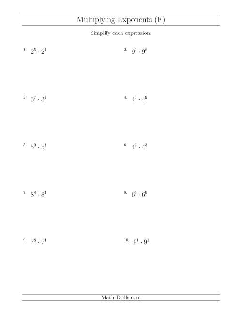 The Multiplying Exponents (All Positive) (F) Math Worksheet