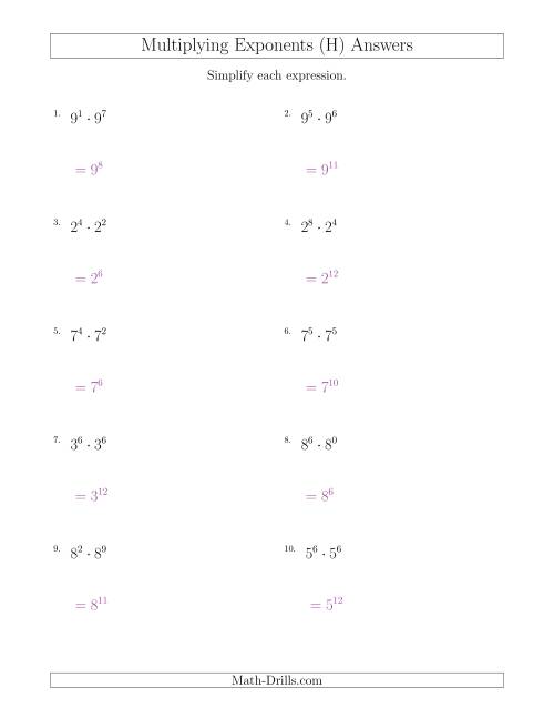 The Multiplying Exponents (All Positive) (H) Math Worksheet Page 2
