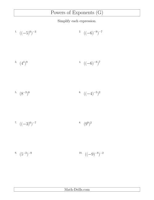 The Powers of Exponents (With Negatives) (G) Math Worksheet