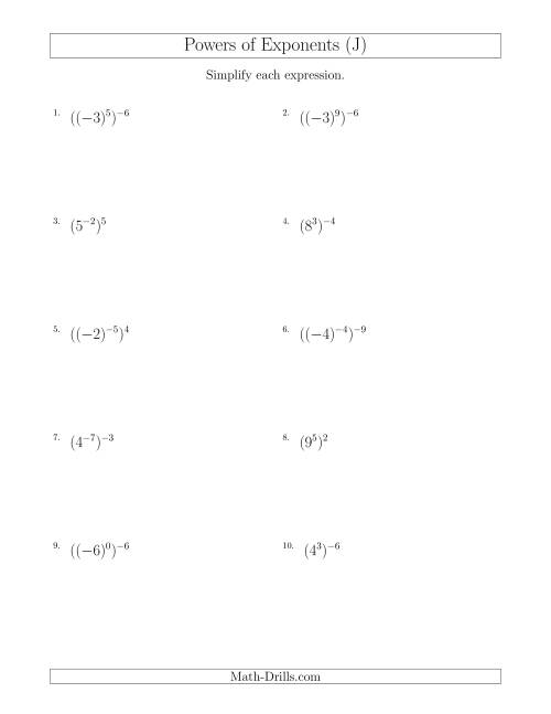 The Powers of Exponents (With Negatives) (J) Math Worksheet