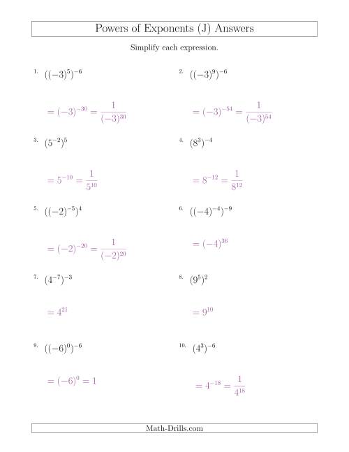 The Powers of Exponents (With Negatives) (J) Math Worksheet Page 2