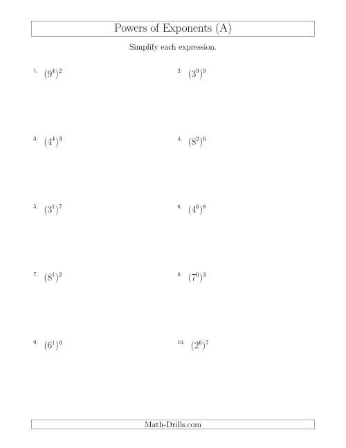 The Powers of Exponents (All Positive) (A) Math Worksheet