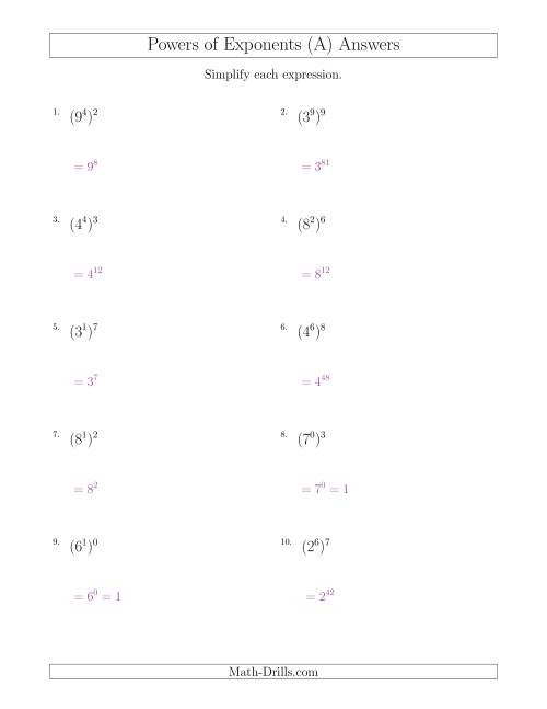 The Powers of Exponents (All Positive) (A) Math Worksheet Page 2